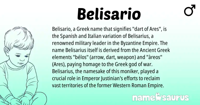 Infographic about Belisario name meaning, Belisario is a name from Ancient Greek, Spanish, Roman, Greek, Italian origin(s).