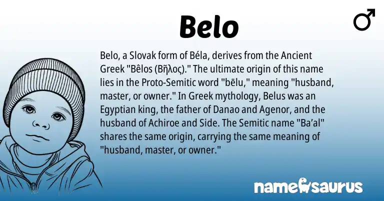 Infographic about Belo name meaning, Belo is a name from Ancient Greek, Semitic, Slovak, Greek, Egyptian origin(s).