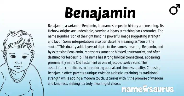 Infographic about Benajamin name meaning, Benajamin is a name from Hebrew origin(s).