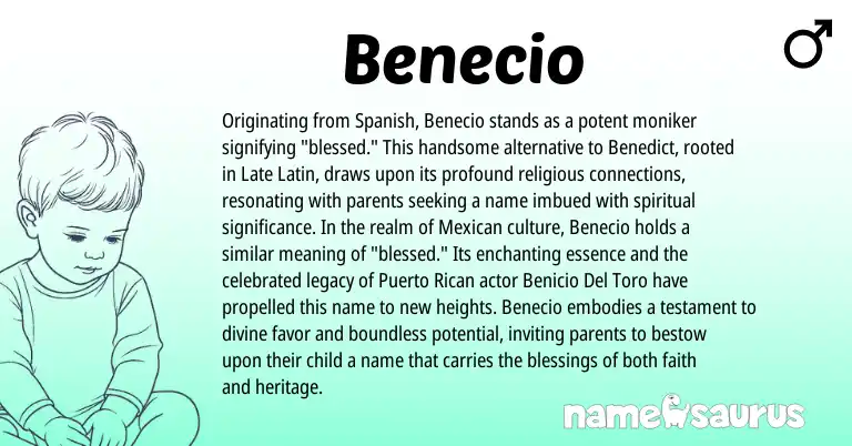 Infographic about Benecio name meaning, Benecio is a name from Spanish, Late Latin, Puerto Rican, Mexican origin(s).
