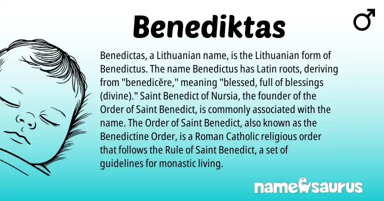 Infographic about Benediktas name meaning, Benediktas is a name from Lithuanian, Roman, Latin origin(s).