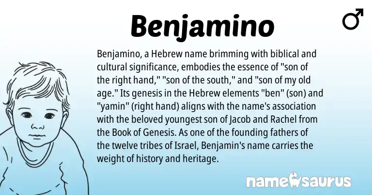 Infographic about Benjamino name meaning, Benjamino is a name from Hebrew origin(s).