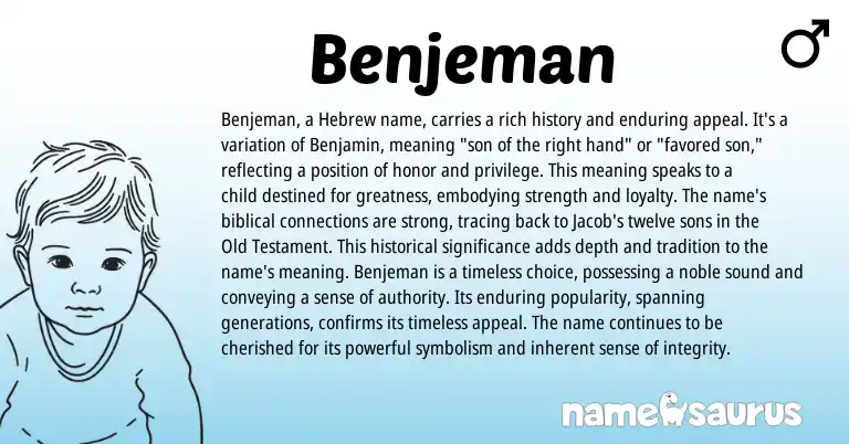 Infographic about Benjeman name meaning, Benjeman is a name from Hebrew origin(s).