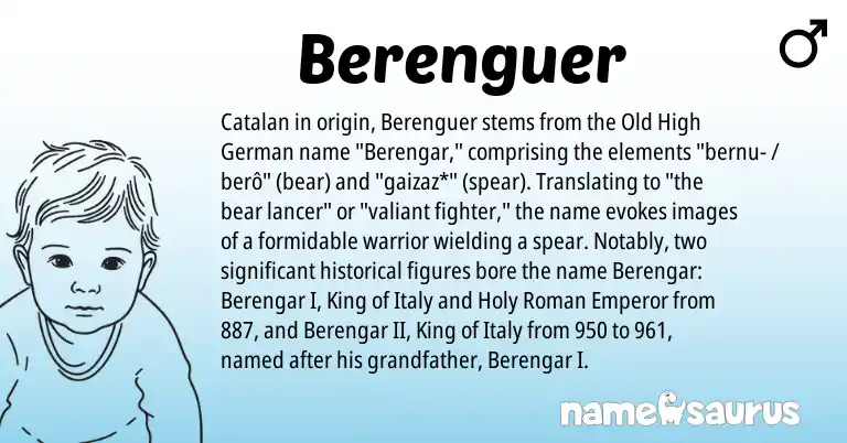 Infographic about Berenguer name meaning, Berenguer is a name from Old High German, Roman, Catalan origin(s).