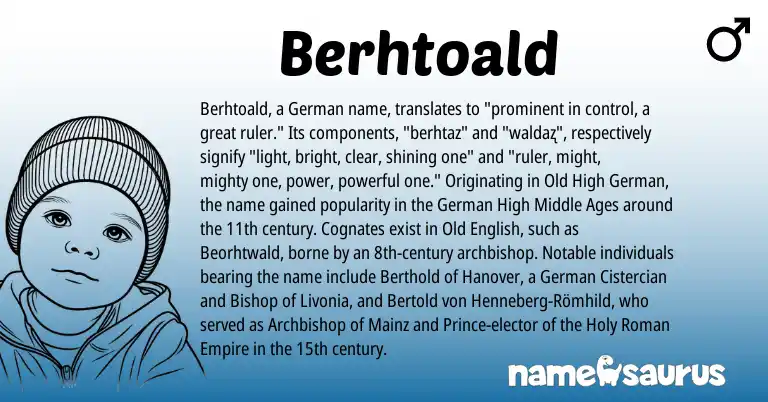 Infographic about Berhtoald name meaning, Berhtoald is a name from Old High German, German, Roman, Old English origin(s).
