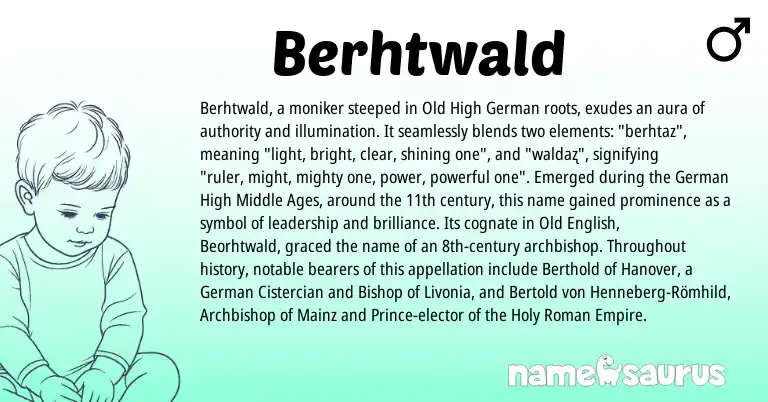 Infographic about Berhtwald name meaning, Berhtwald is a name from Old High German, German, Roman, Old English origin(s).