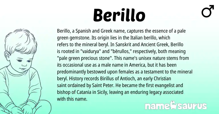 Infographic about Berillo name meaning, Berillo is a name from Ancient Greek, Spanish, Greek, Sanskrit, Italian origin(s).