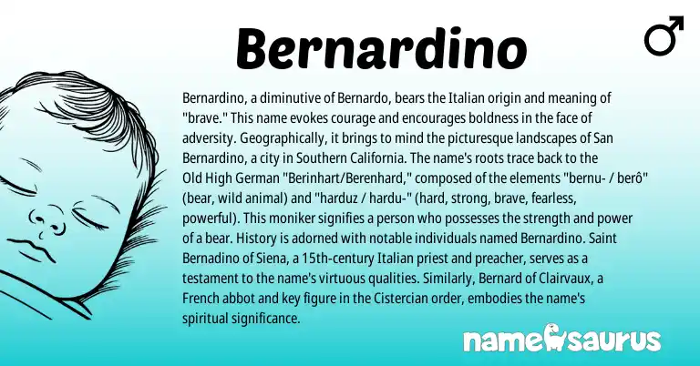 Infographic about Bernardino name meaning, Bernardino is a name from Old High German, French, Italian origin(s).