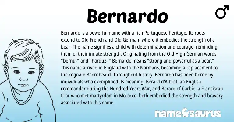 Infographic about Bernardo name meaning, Bernardo is a name from Old High German, English, Old French, England, Morocco, Old German, Portuguese origin(s).