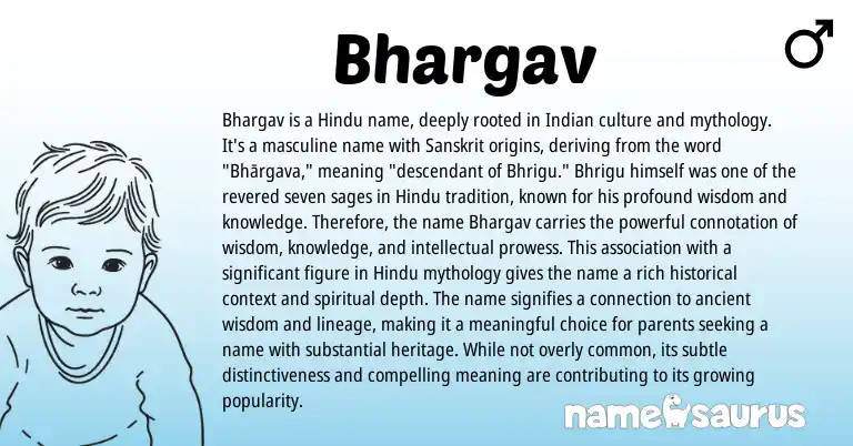 Infographic about Bhargav name meaning, Bhargav is a name from Indian, Sanskrit, Hindi origin(s).