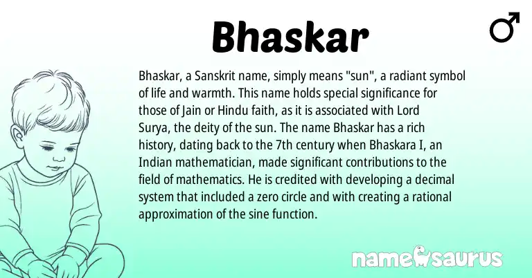 Infographic about Bhaskar name meaning, Bhaskar is a name from Indian, Sanskrit, Hindu origin(s).