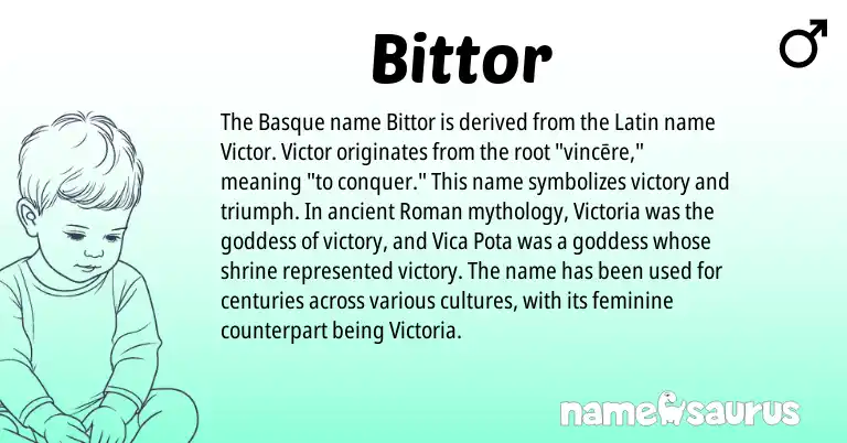 Infographic about Bittor name meaning, Bittor is a name from Roman, Basque, Latin origin(s).