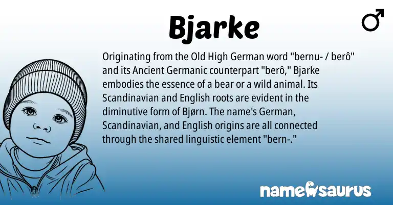 Infographic about Bjarke name meaning, Bjarke is a name from Old High German, Scandinavian, English, Ancient Germanic, German origin(s).