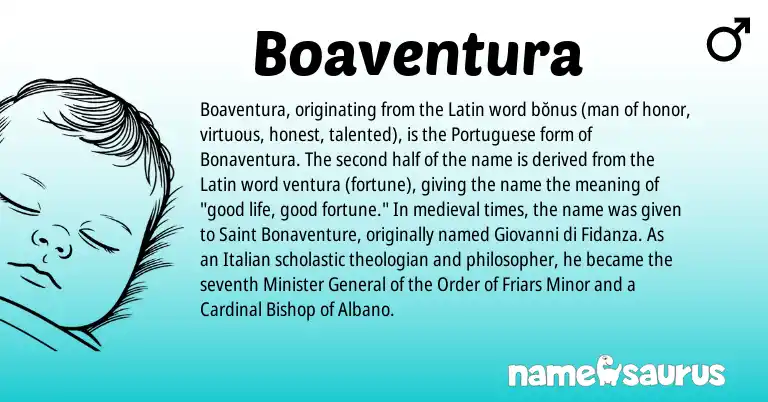 Infographic about Boaventura name meaning, Boaventura is a name from Latin, Italian, Portuguese origin(s).