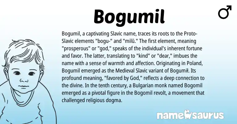 Infographic about Bogumil name meaning, Bogumil is a name from Slavic, Bulgarian, Medieval Slavic origin(s).