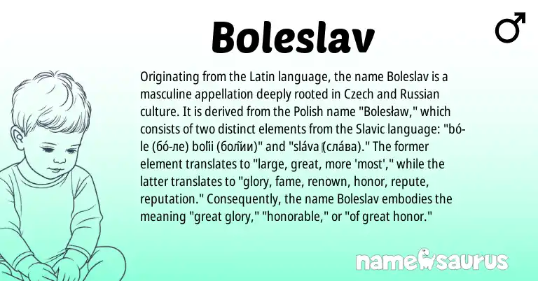 Infographic about Boleslav name meaning, Boleslav is a name from Polish, Slavic, Russian, Latin, Czech origin(s).
