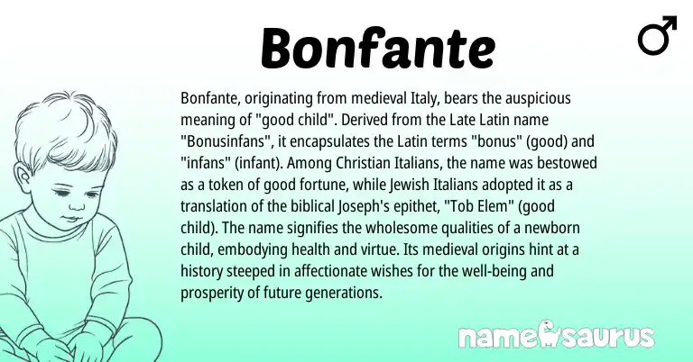 Infographic about Bonfante name meaning, Bonfante is a name from Jewish, Late Latin, Latin origin(s).