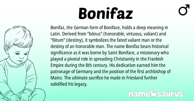Infographic about Bonifaz name meaning, Bonifaz is a name from German, Christianity, Latin, Frankish origin(s).