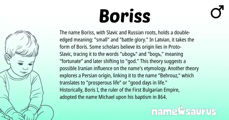 Infographic about Boriss name meaning, Boriss is a name from Iranian, Bulgarian, Slavic, Russian, Persian, Latvian origin(s).