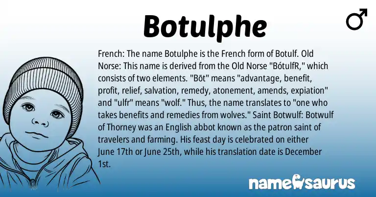 Infographic about Botulphe name meaning, Botulphe is a name from Old Norse, English, French origin(s).