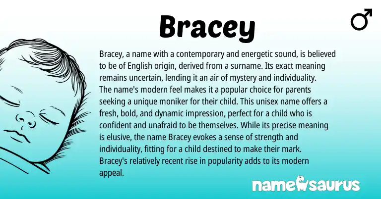 Infographic about Bracey name meaning, Bracey is a name from English origin(s).