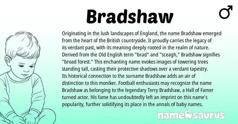 Infographic about Bradshaw name meaning, Bradshaw is a name from Old English, British, England origin(s).