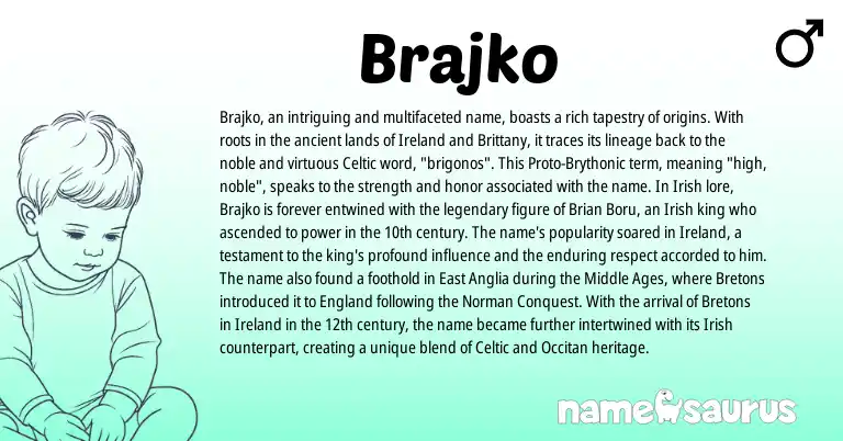 Infographic about Brajko name meaning, Brajko is a name from Irish, Proto-Brythonic, Ireland, Occitan, England, Bretons, Celtic, Norman origin(s).