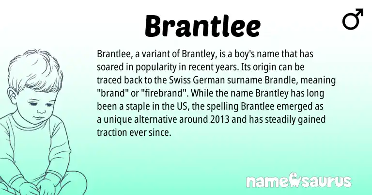 Infographic about Brantlee name meaning, Brantlee is a name from German, Swiss origin(s).