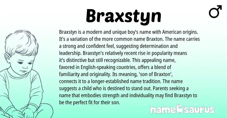 Infographic about Braxstyn name meaning, Braxstyn is a name from American origin(s).
