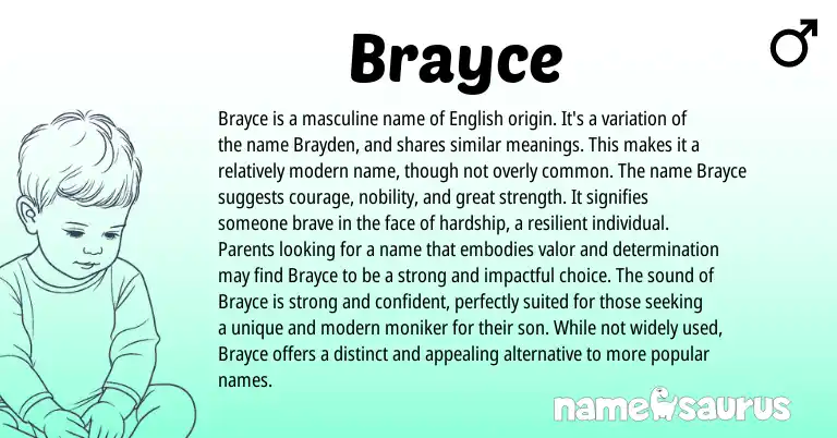 Infographic about Brayce name meaning, Brayce is a name from English origin(s).