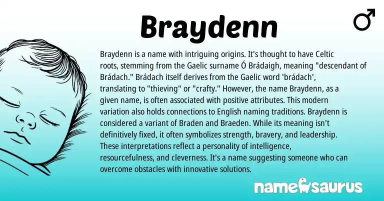 Infographic about Braydenn name meaning, Braydenn is a name from Gaelic, English, Celtic origin(s).