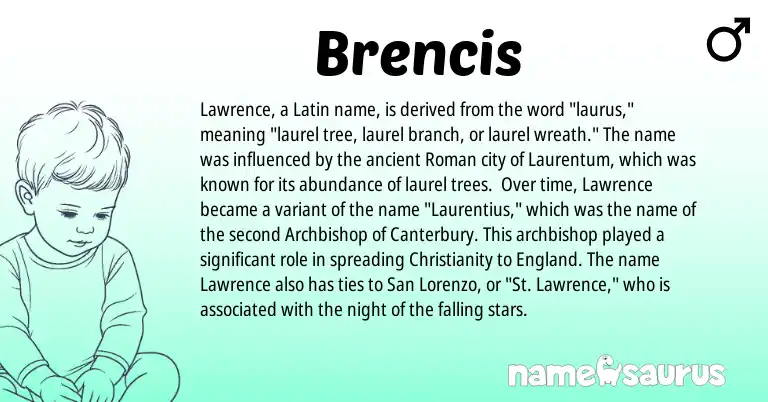 Infographic about Brencis name meaning, Brencis is a name from Roman, Christianity, Latin, England origin(s).