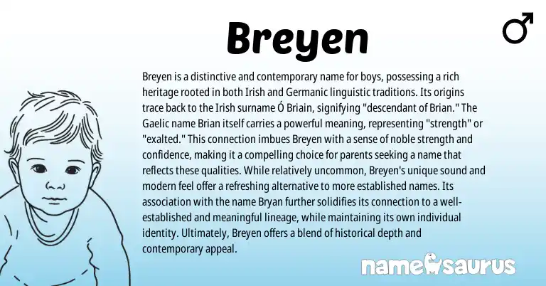 Infographic about Breyen name meaning, Breyen is a name from Germanic, Gaelic, Irish origin(s).