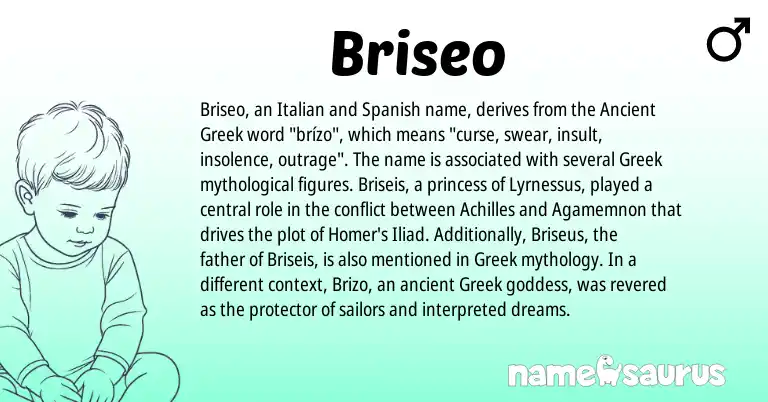 Infographic about Briseo name meaning, Briseo is a name from Spanish, Ancient Greek, Greek, Italian origin(s).