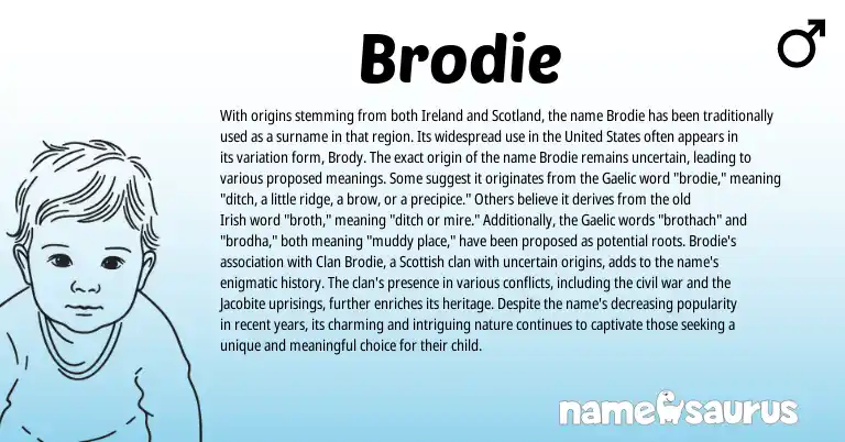 Infographic about Brodie name meaning, Brodie is a name from Irish, United States, Ireland, Gaelic, Scottish origin(s).