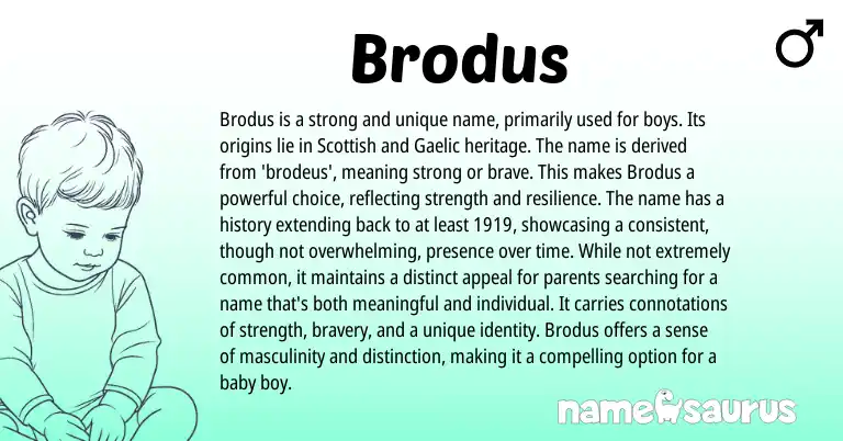 Infographic about Brodus name meaning, Brodus is a name from Scottish, Gaelic, English origin(s).