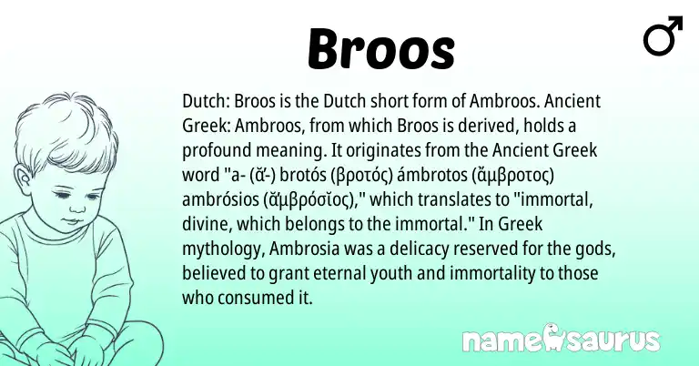 Infographic about Broos name meaning, Broos is a name from Dutch, Greek, Ancient Greek origin(s).