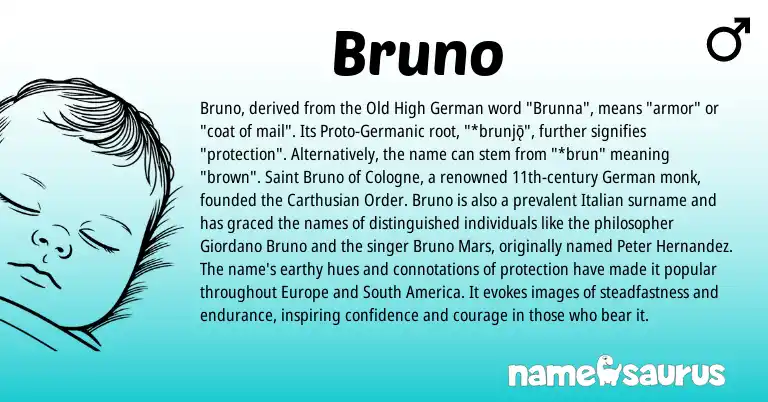 Infographic about Bruno name meaning, Bruno is a name from Old High German, German, Germanic, Italian origin(s).