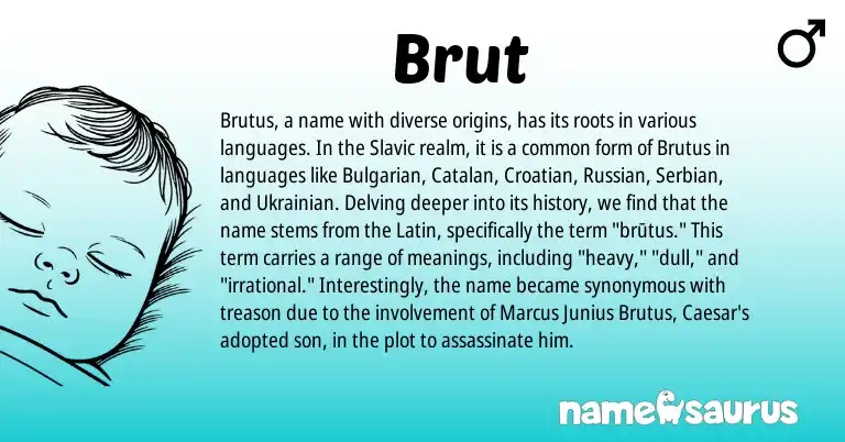 Infographic about Brut name meaning, Brut is a name from Ukrainian, Bulgarian, Croatian, Slavic, Catalan, Russian, Latin, Serbian origin(s).