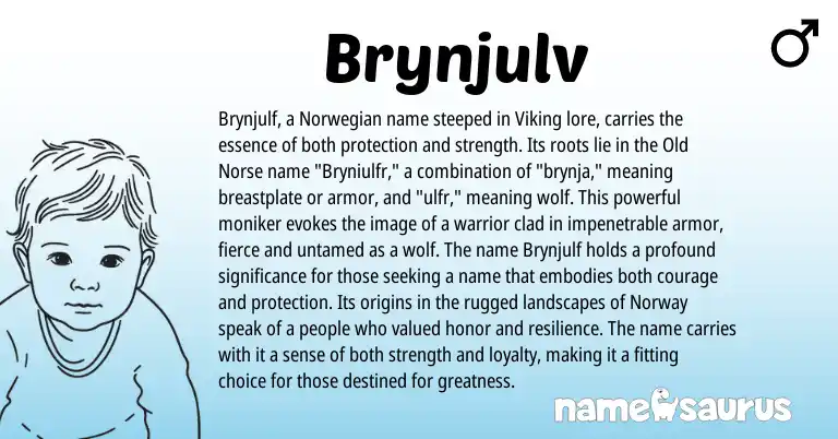 Infographic about Brynjulv name meaning, Brynjulv is a name from Norwegian, Old Norse, Norway origin(s).
