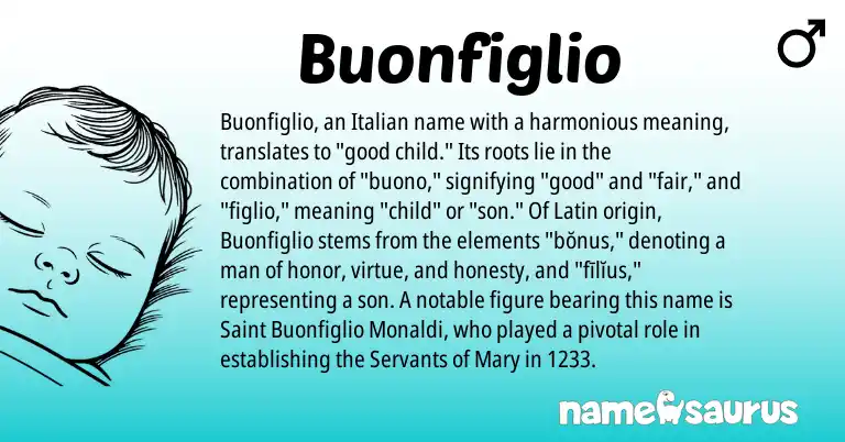 Infographic about Buonfiglio name meaning, Buonfiglio is a name from Latin, Italian origin(s).