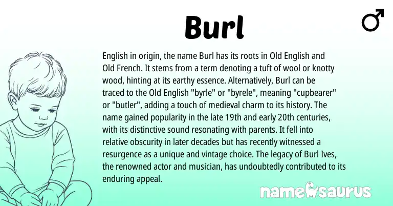 Infographic about Burl name meaning, Burl is a name from Old English, English, Old French origin(s).