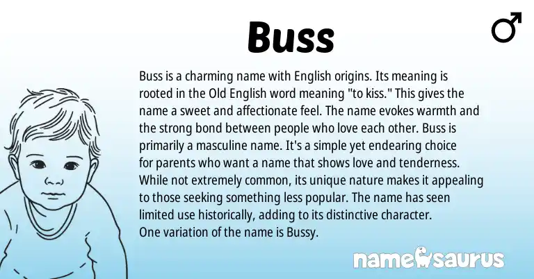 Infographic about Buss name meaning, Buss is a name from English origin(s).