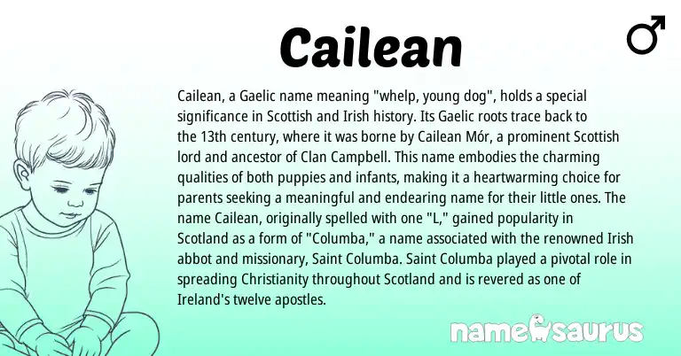 Infographic about Cailean name meaning, Cailean is a name from Irish, Christianity, Ireland, Gaelic, Scottish origin(s).