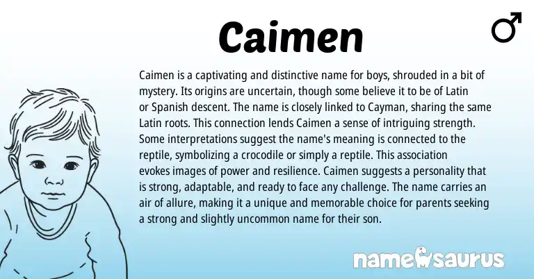 Infographic about Caimen name meaning, Caimen is a name from Latin, Spanish origin(s).