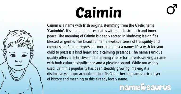 Infographic about Caimin name meaning, Caimin is a name from Gaelic, Irish origin(s).