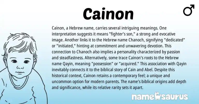 Infographic about Cainon name meaning, Cainon is a name from Irish, Hebrew origin(s).