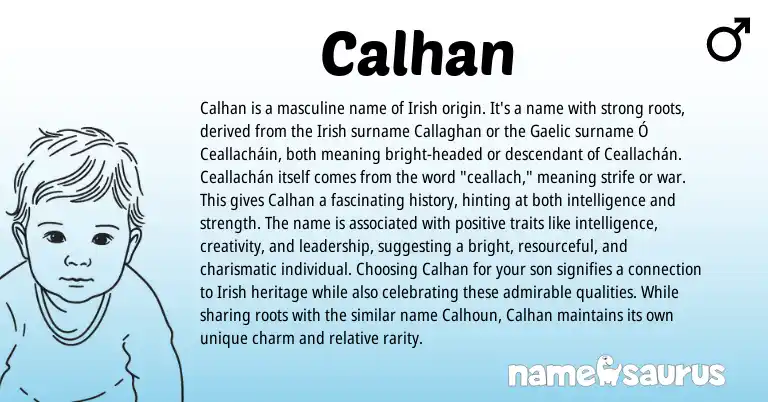 Infographic about Calhan name meaning, Calhan is a name from Irish origin(s).