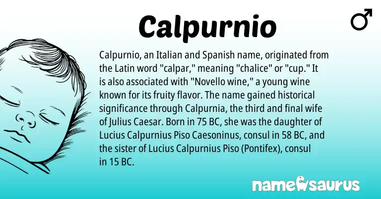 Infographic about Calpurnio name meaning, Calpurnio is a name from Spanish, Latin, Italian origin(s).