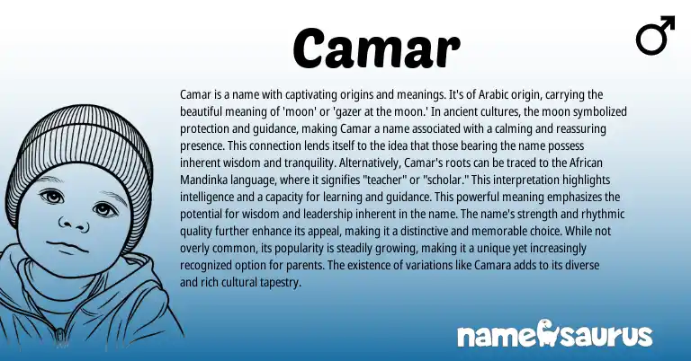 Infographic about Camar name meaning, Camar is a name from African, Arabic origin(s).